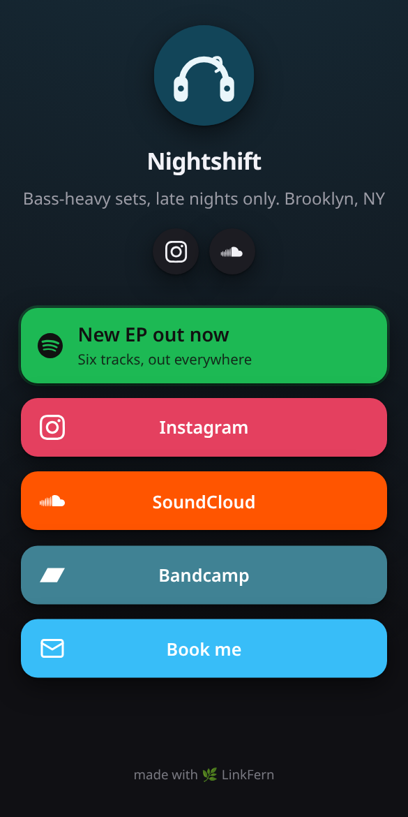 Nightshift, a DJ's LinkFern page, in the Ocean theme